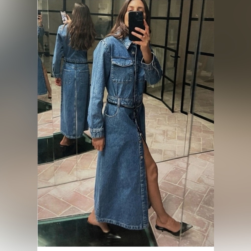 Zara Denim Button-Front Maxi Dress with Belted Waist